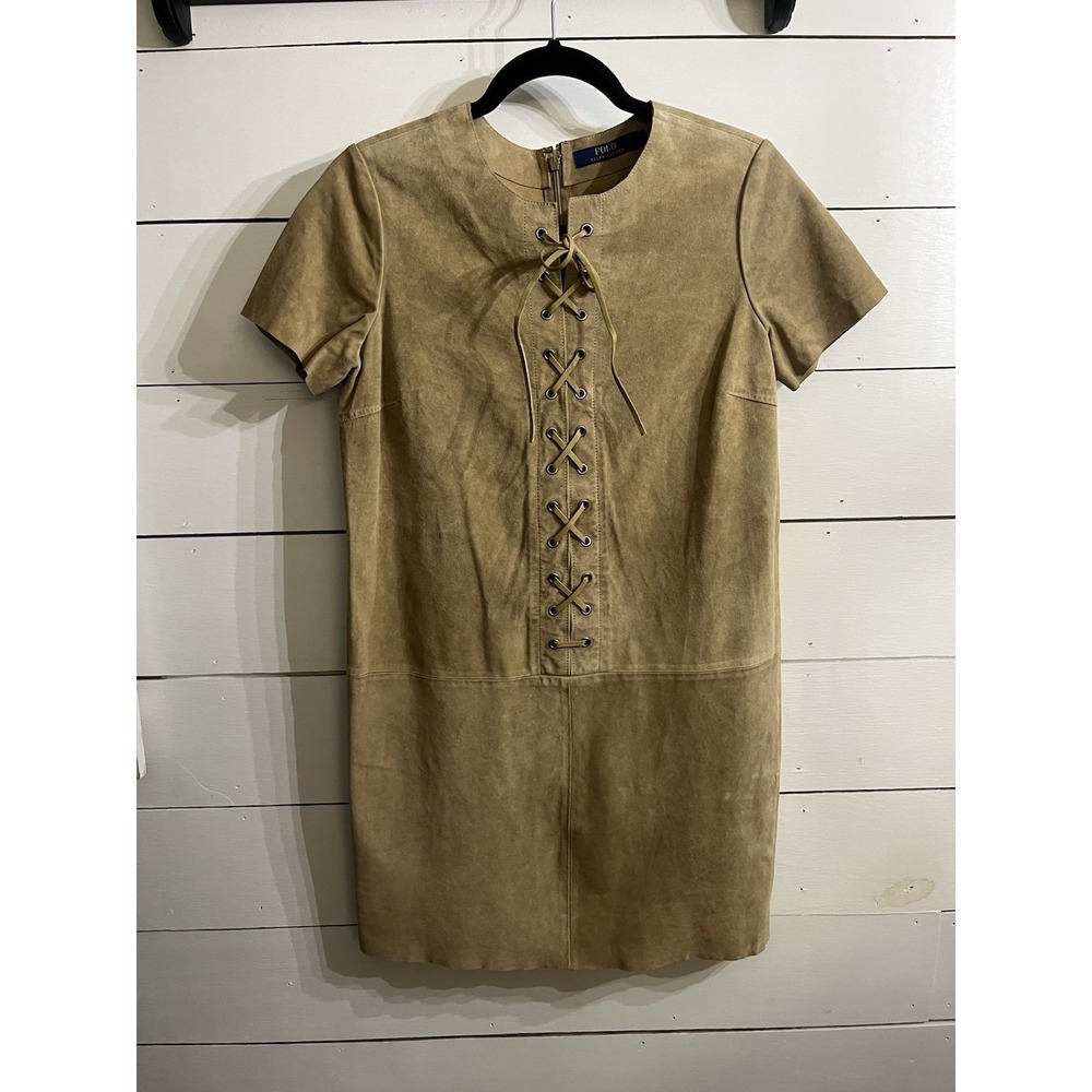 Ralph Lauren Calf Suede Leather Dress 4 Laced Up Front Tan Back Zip $998